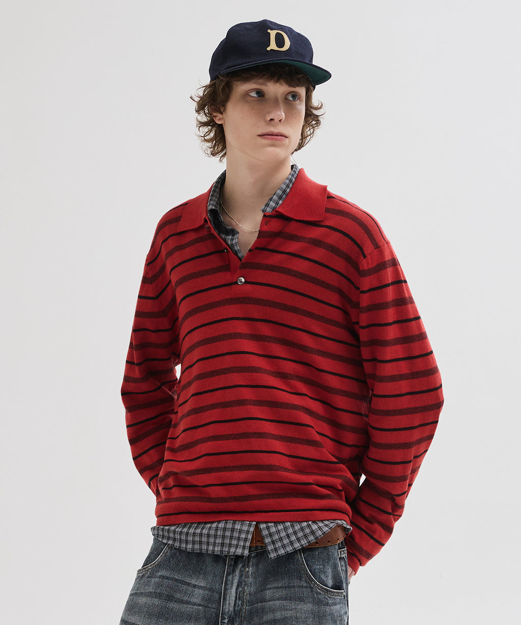 Multi Stripe Collar Crop Knit [Red]