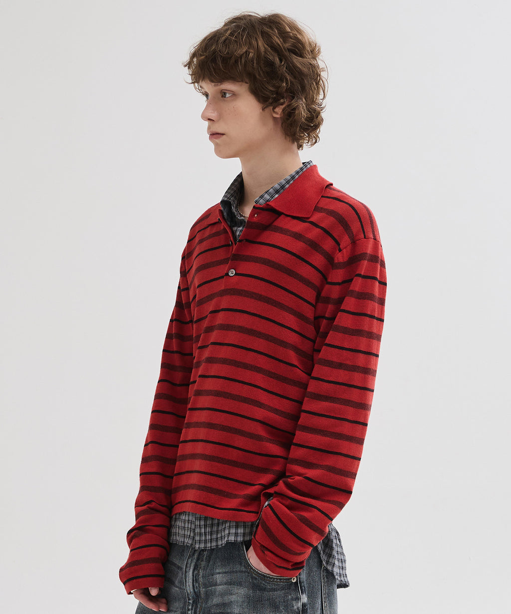 Multi Stripe Collar Crop Knit [Red]