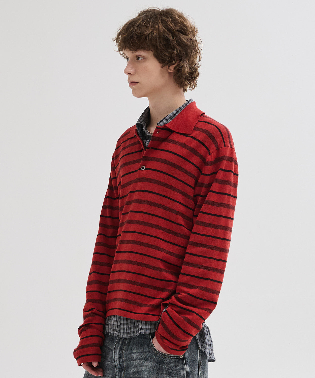 Multi Stripe Collar Crop Knit [Red]