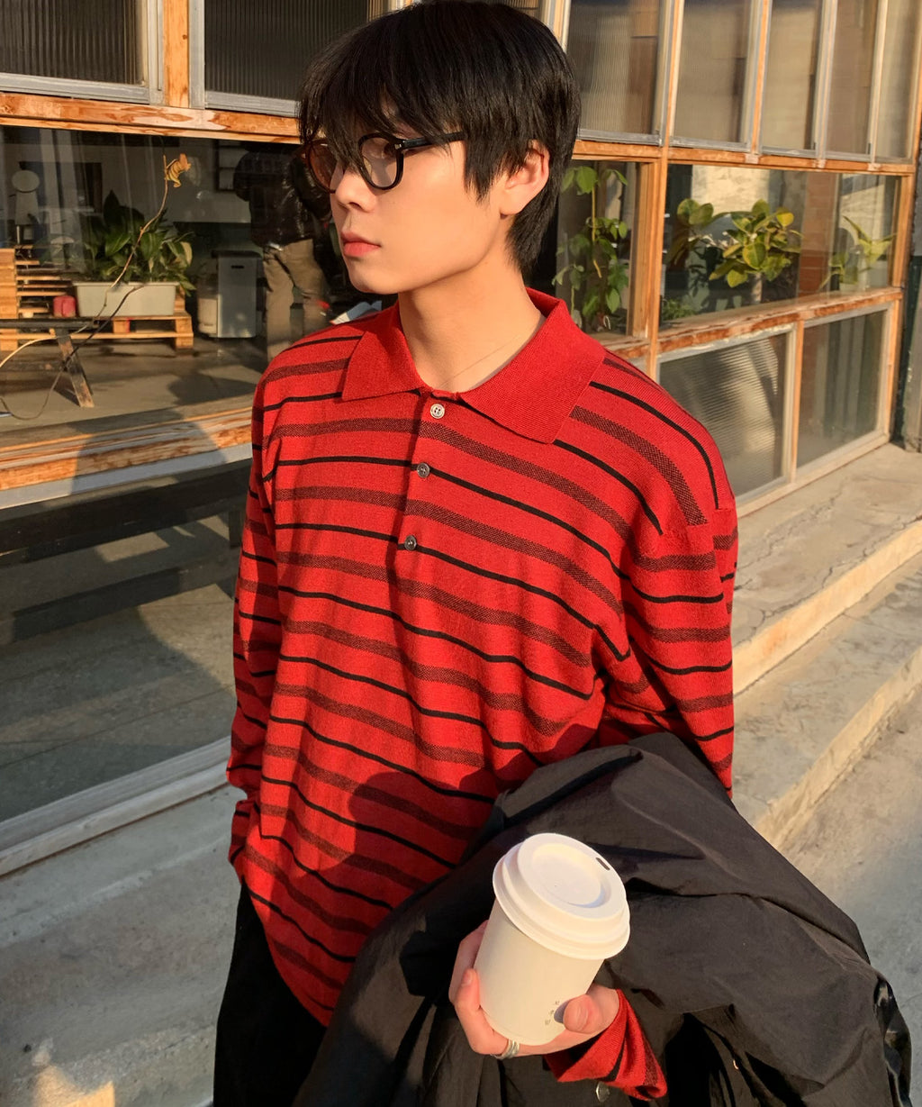Multi Stripe Collar Crop Knit [Red]