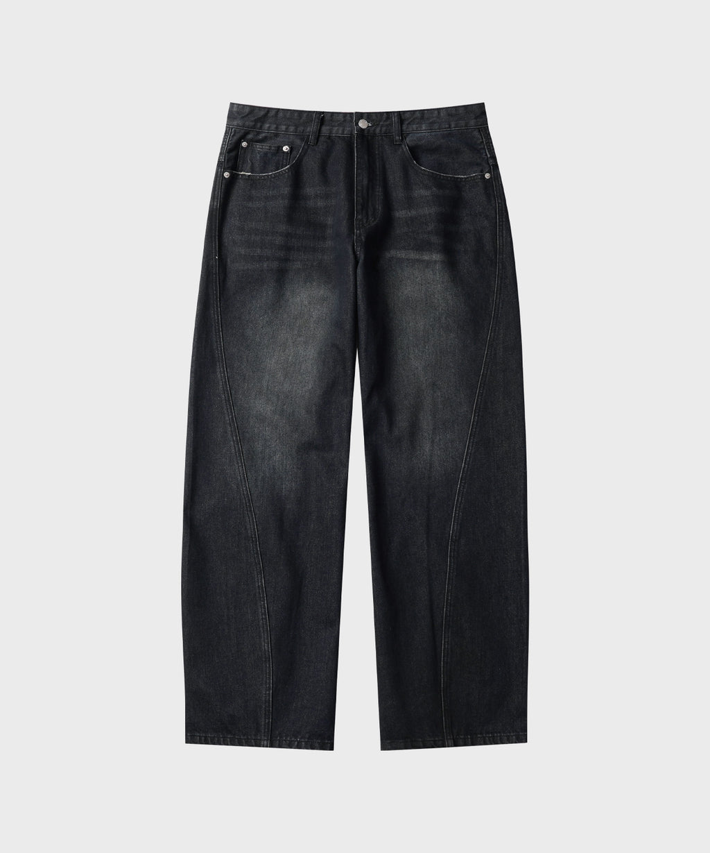 Diagonal Curved Denim Pants [Washed Black]