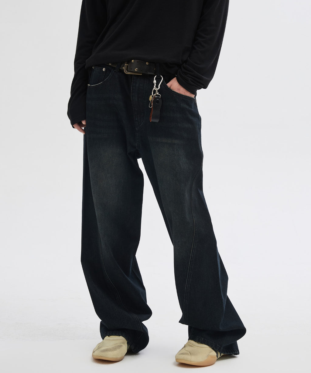 Diagonal Curved Denim Pants [Washed Black]