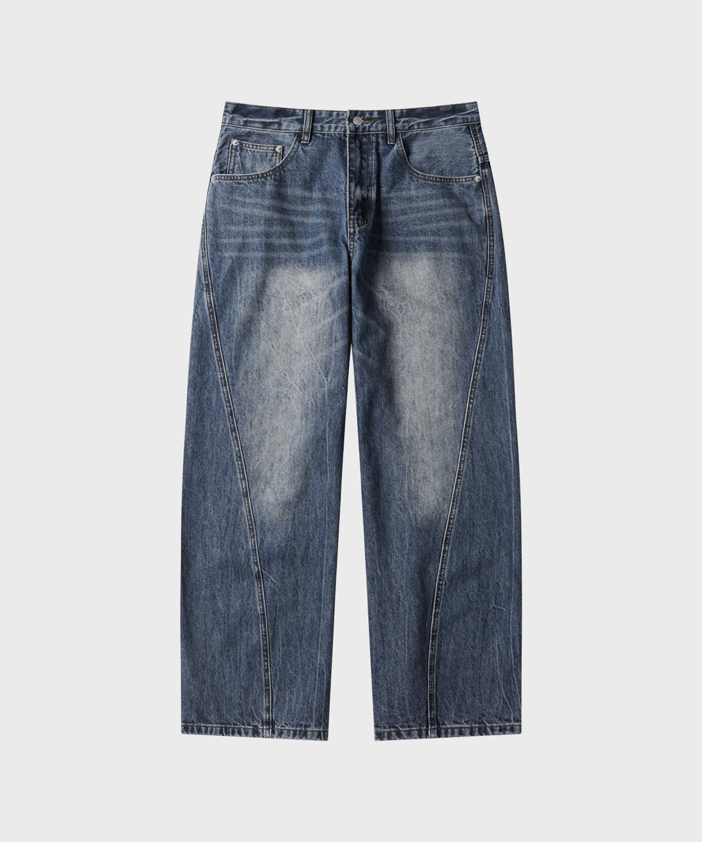 Diagonal Curved Denim Pants [Washed Blue]