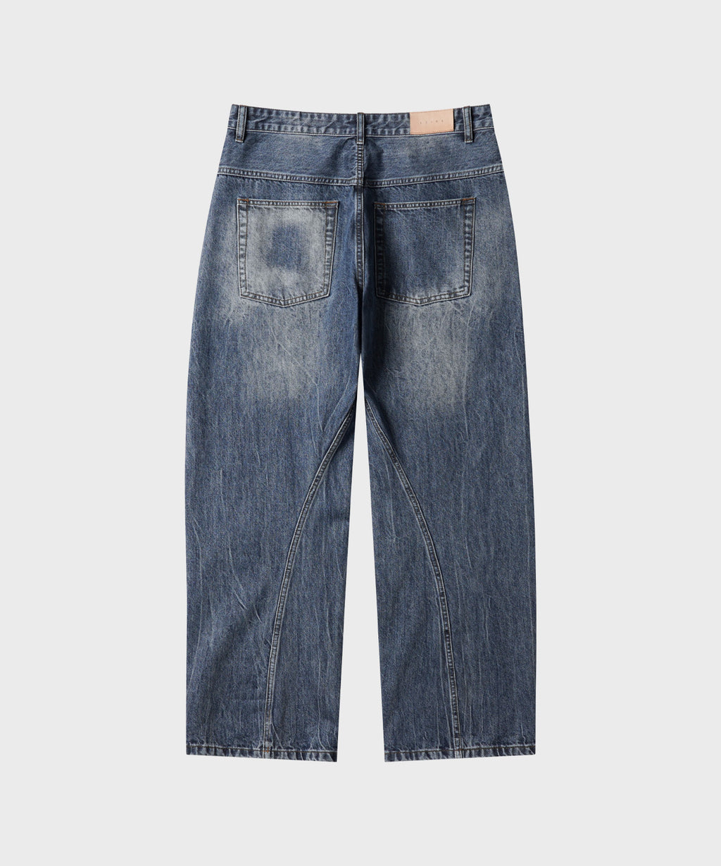 Diagonal Curved Denim Pants [Washed Blue]