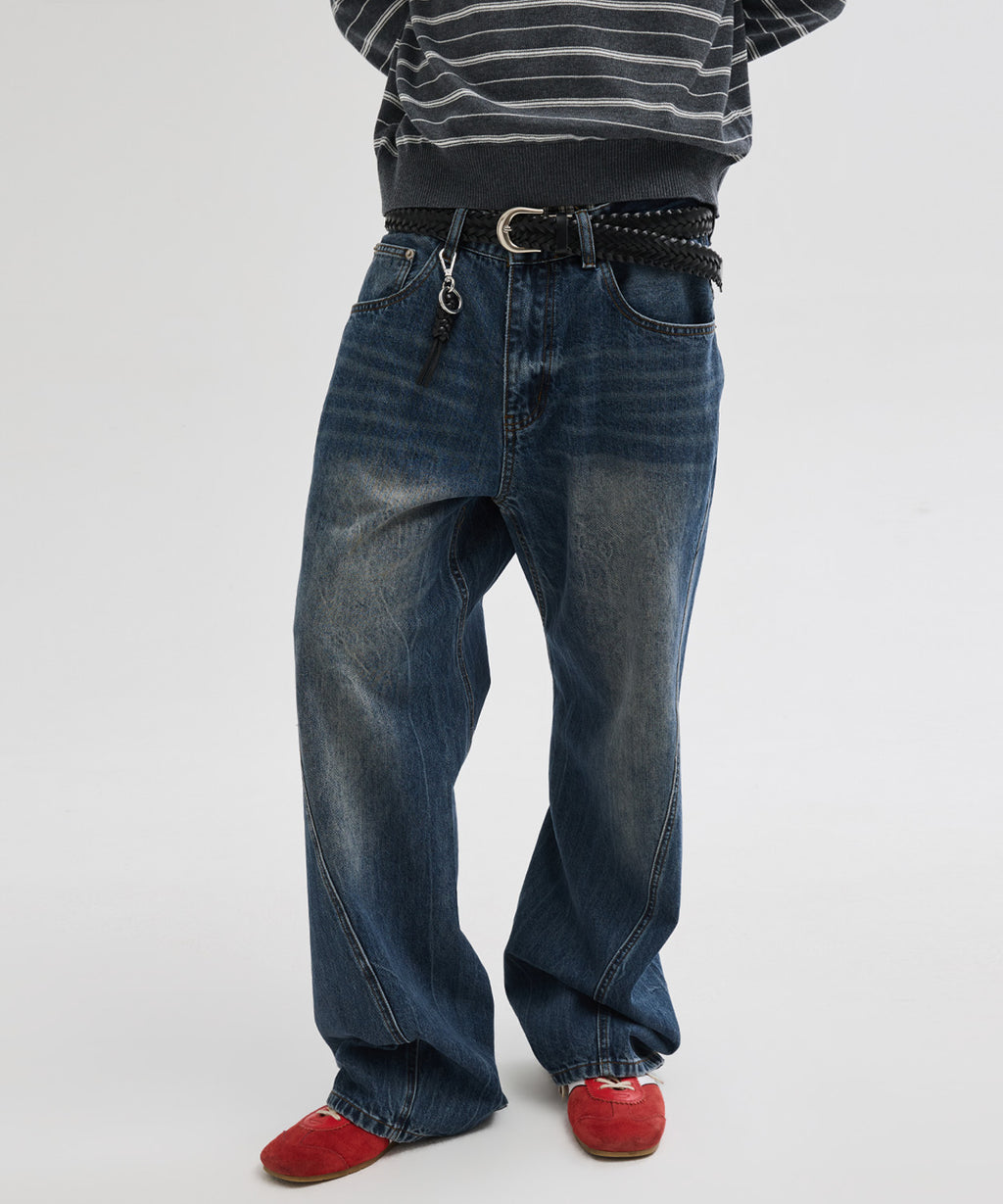 Diagonal Curved Denim Pants [Washed Blue]