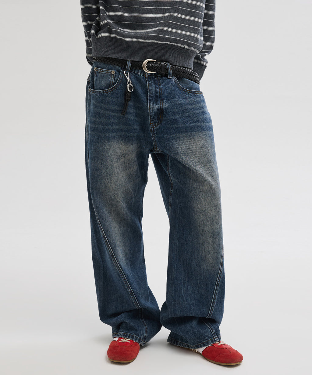 Diagonal Curved Denim Pants [Washed Blue]
