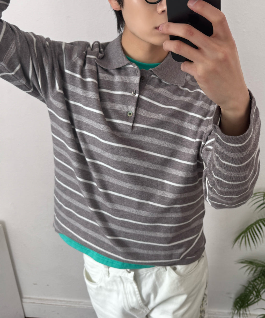 Multi Stripe Collar Crop Knit [White Melange]