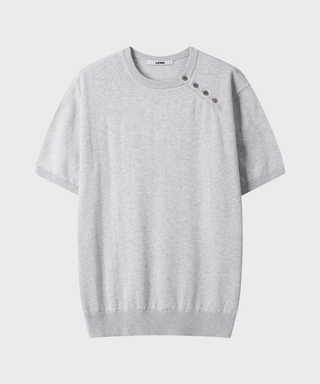 Diagonal Henley Neck Short Sleeve Knit [White Melange]
