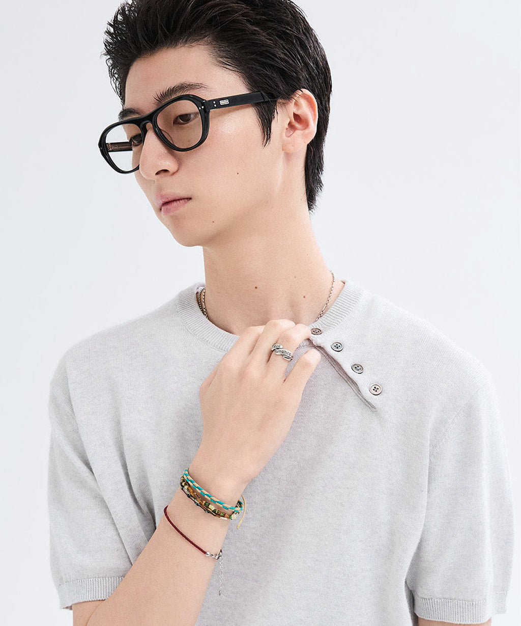 Diagonal Henley Neck Short Sleeve Knit [White Melange]