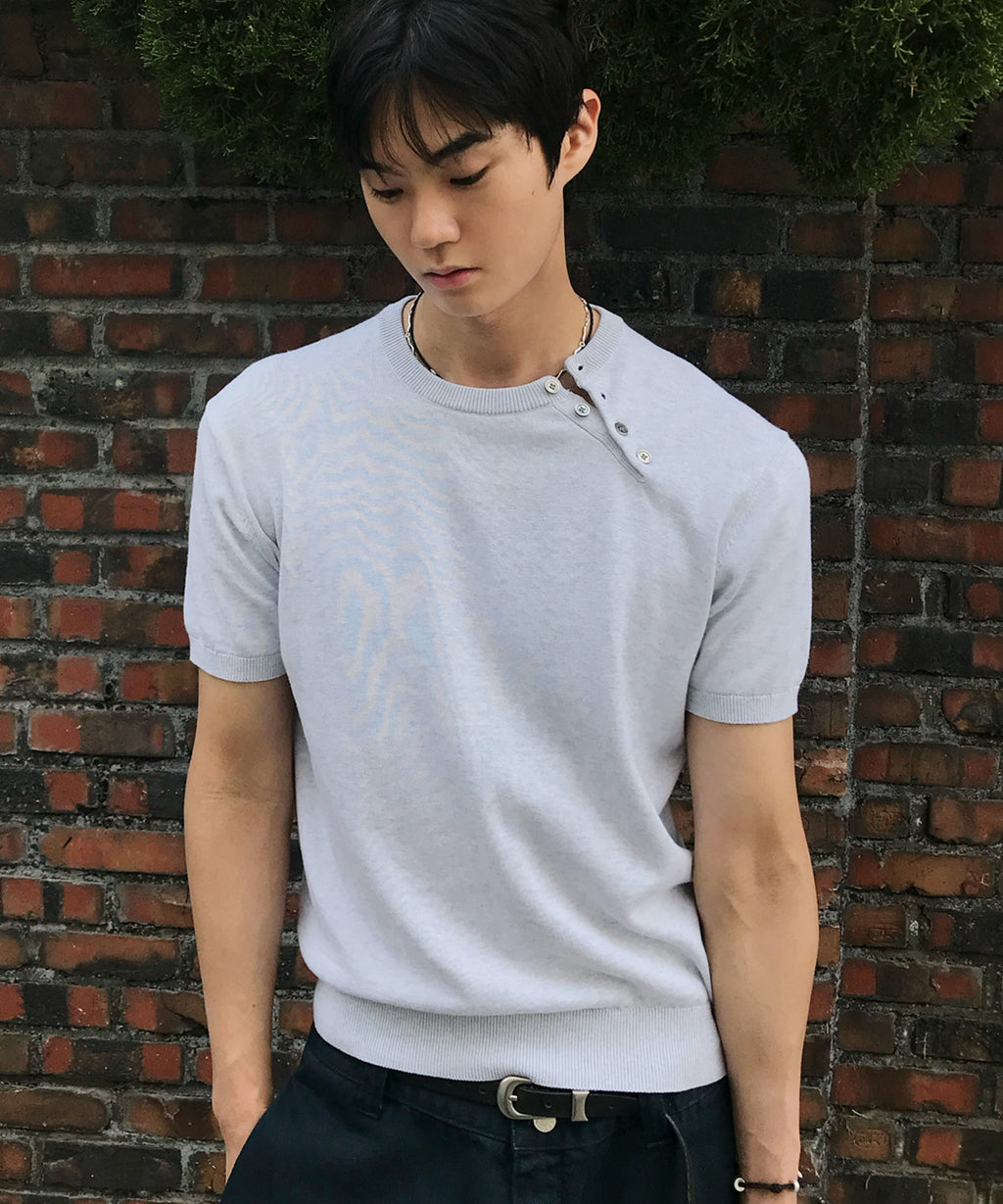 Diagonal Henley Neck Short Sleeve Knit [White Melange]