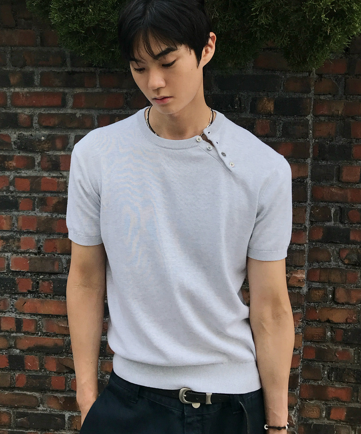 Diagonal Henley Neck Short Sleeve Knit [White Melange]